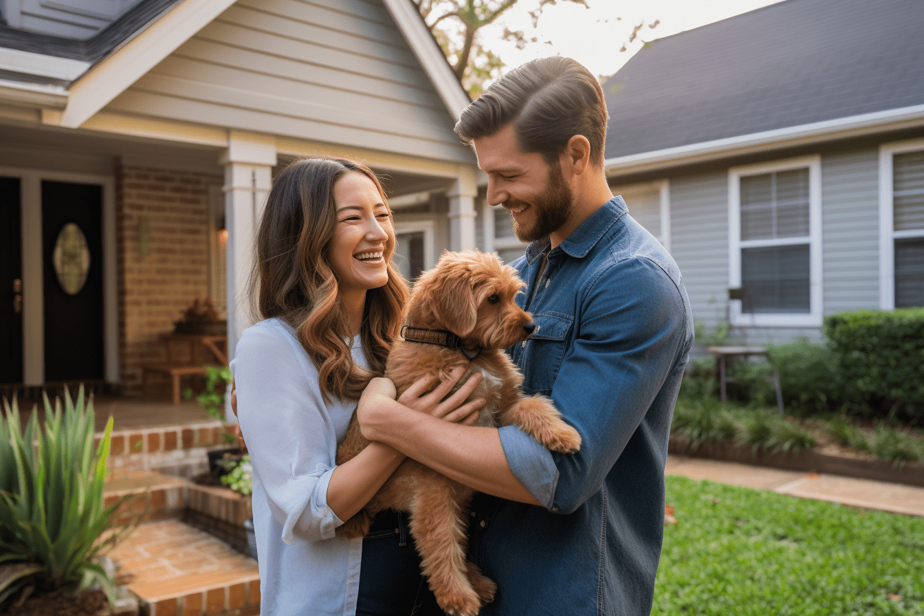 Young couple with their dog buying their first home