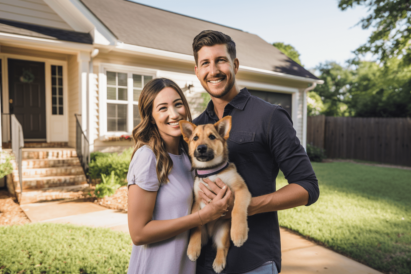 Young couple with dog outside new home in fort worth texas